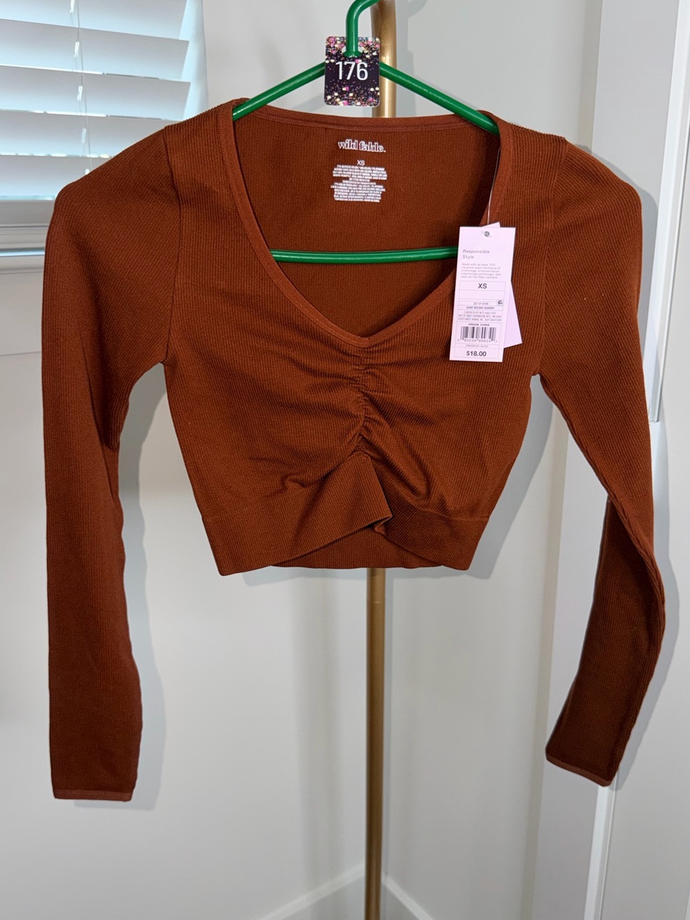176. Wild Fable Rust Brown Ribbed Long-Sleeve Cropped Top
